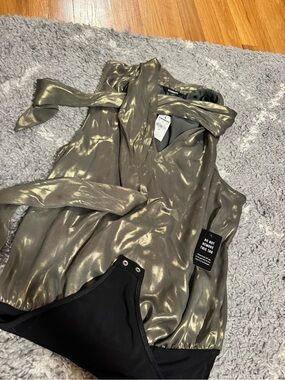 Express Metallic Olive/Gold Tie-Neck Sleeveless Bodysuit